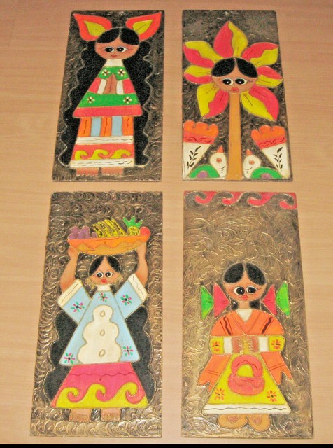 Set Of 4 Mexican Folk Art Wood Wooden Wall Plaques Big Eyes UN8751 Set Of 4 Mexican Folk Art Wood Wooden Wall Plaques Big Eyes UN8751