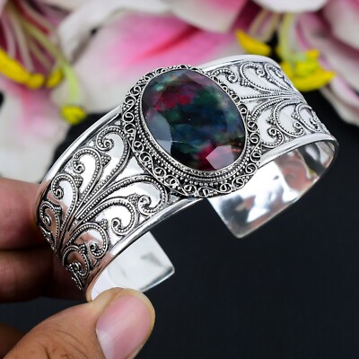 Ammolite Gemstone Handmade Jewelry 925 Sterling Silver Cuff Bangle Adjustable