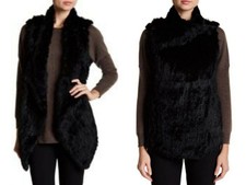 Catherine Malandrino Long Drape Genuine Rabbit Fur Vest Black Sz Small