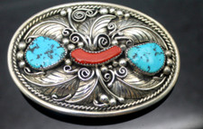 JD HANDCRAFTED BY NATIVE AMERICAN SILVERSMITH TURQUOISE CORAL 925 BELT BUCKLE
