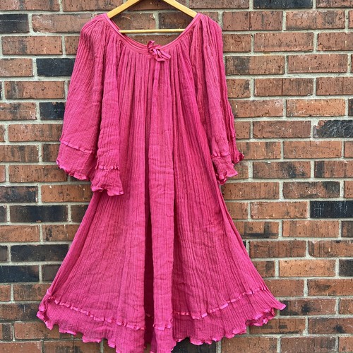 VINTAGE 60s 70s Hippie Gauze Pink Dress Crochet & Ribbon Tunic Dress - Picture 2 of 6