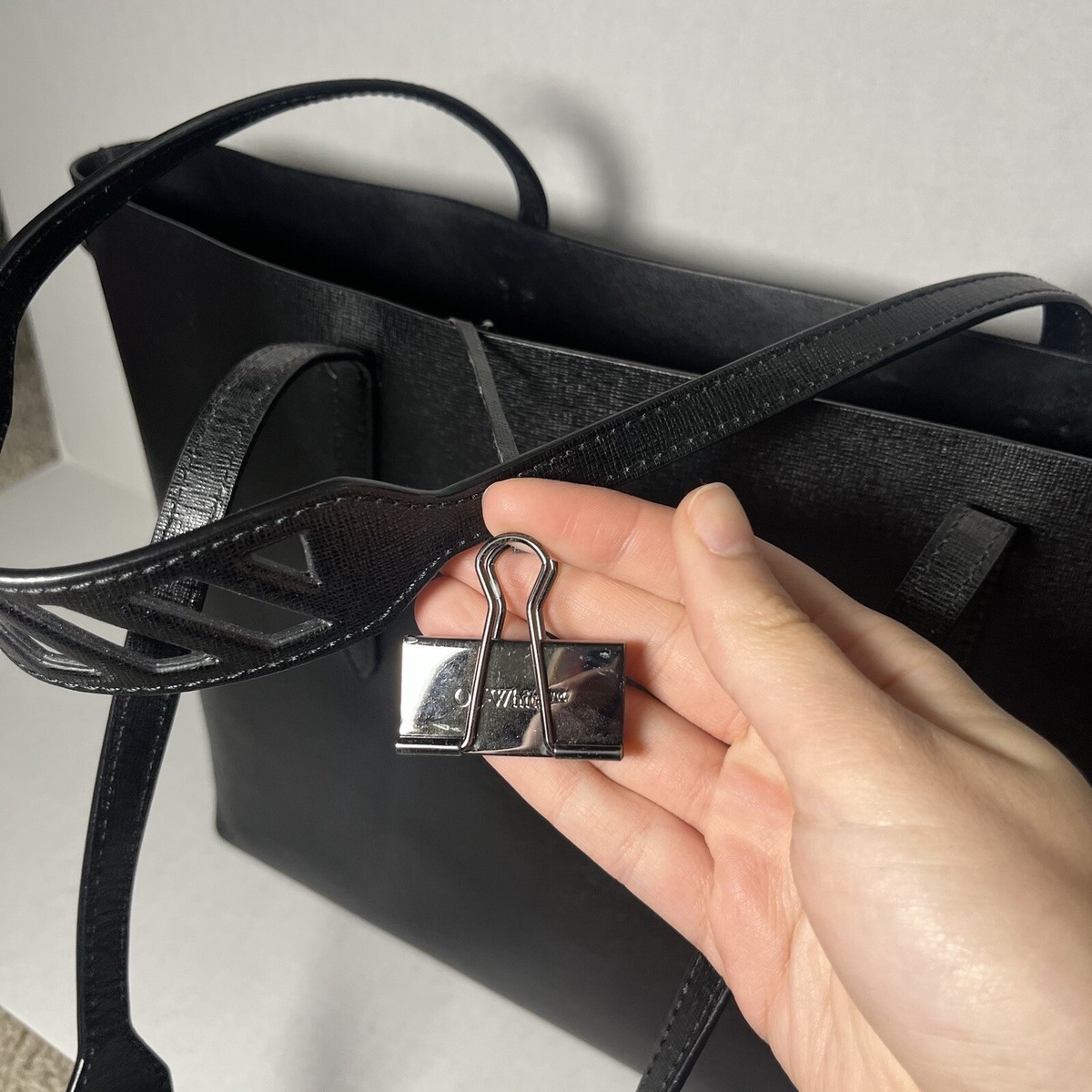 Off-White Women's Black Binder Diagonal Stripe Leather Tote