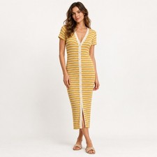 MNG Mango Yellow White Striped Button Front Knit Midi Dress Womens Size 4