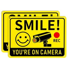 2 Pack Smile You're on Camera Signs Video Surveillance Signs Outdoor, 10"x7"