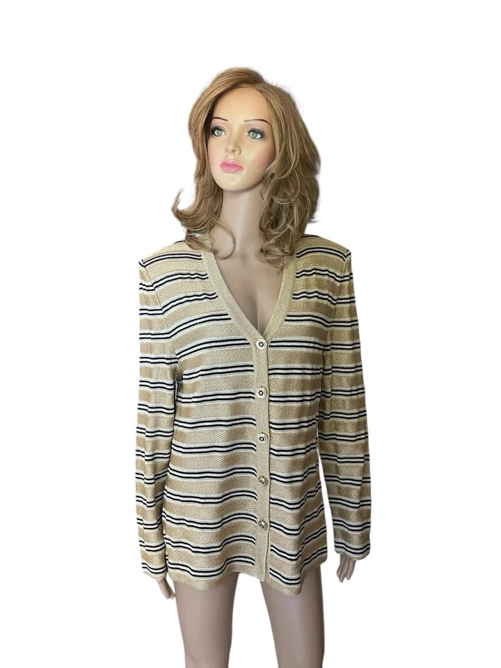 Nueva CHAQUETA ST JOHN COLLECTION DE PUNTO ELEGANTE METÁLICA DORADA, BLANCA Y AZUL MARINO TALLA 14 Foto 2 de 4