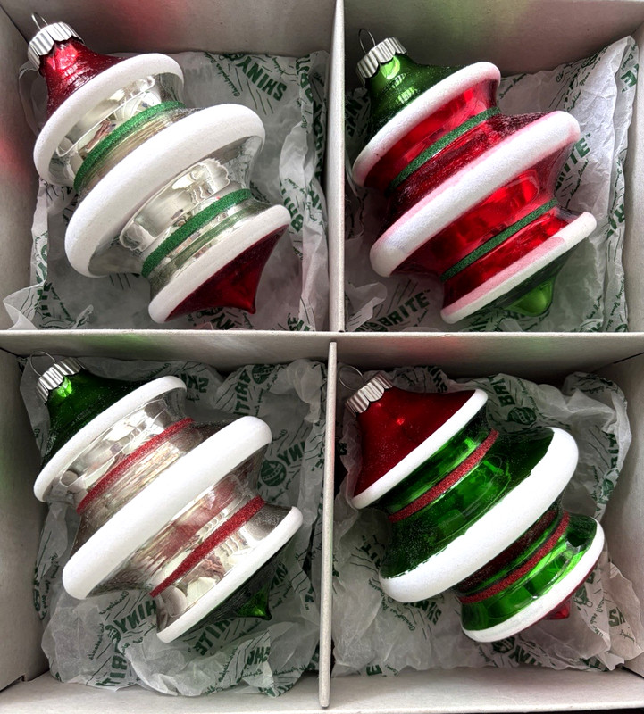 6 Radko 2009 Shiny Brite ATOMlC TORNADOS  Xmas Ornaments 4" TALL w/box