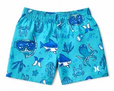 Hurley Baby Swim Trunks 18M Blue 100 Polyester Ocean Shark Sea Life Print