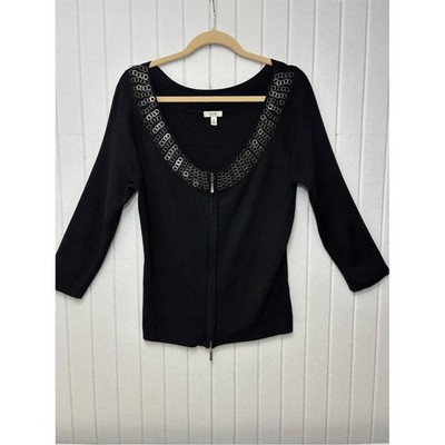 Cache Vintage Black Zip-Front Top with Silver Ring Embellished Scoop Neck M