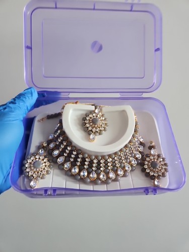 Set collana gioielli indiani pakistani in perle grigie pietra perle - Foto 2 di 8