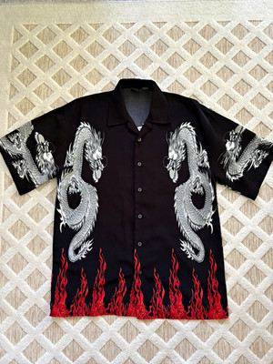 Amplify Men s M Satin Polyester Short Sleeve Dragon Graphic Button-Up Shirt