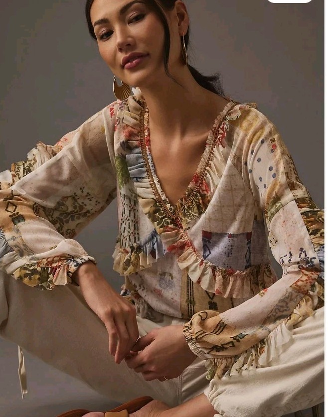 ANTHROPOLOGIE Blouse Patchwork Tiny Ruffled Babyd… - image 2