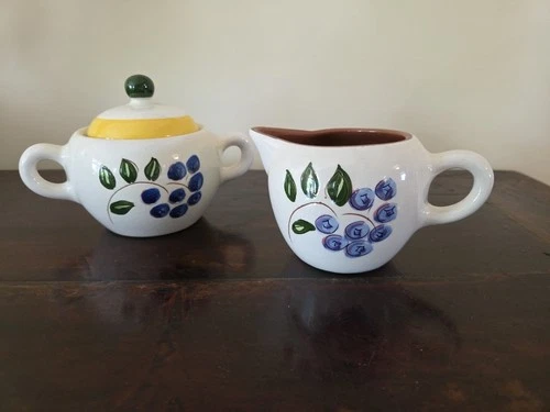 Vintage Stangl Pottery Creamer & Covered Sugar Bowl Set Blueberry Pattern