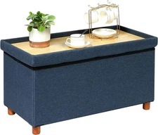 Linen Coffee Table Ottoman with Tray, Large Storage Bench with Wooden Legs, C...