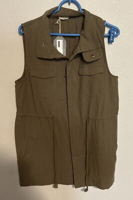 NWT Hem & Thread L cargo vest Olive Green full-zip w/ pockets ties at waist 1594