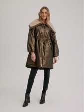 Nikki Jones Metallic Bronze With Faux Shearling Hood Zip Coat -l- Nwt