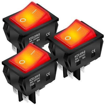 3pack 30A 250V KCD2 KCD4 Rocker Switch DPST 4 Pin Red Lighted 120V Rocker Toggle