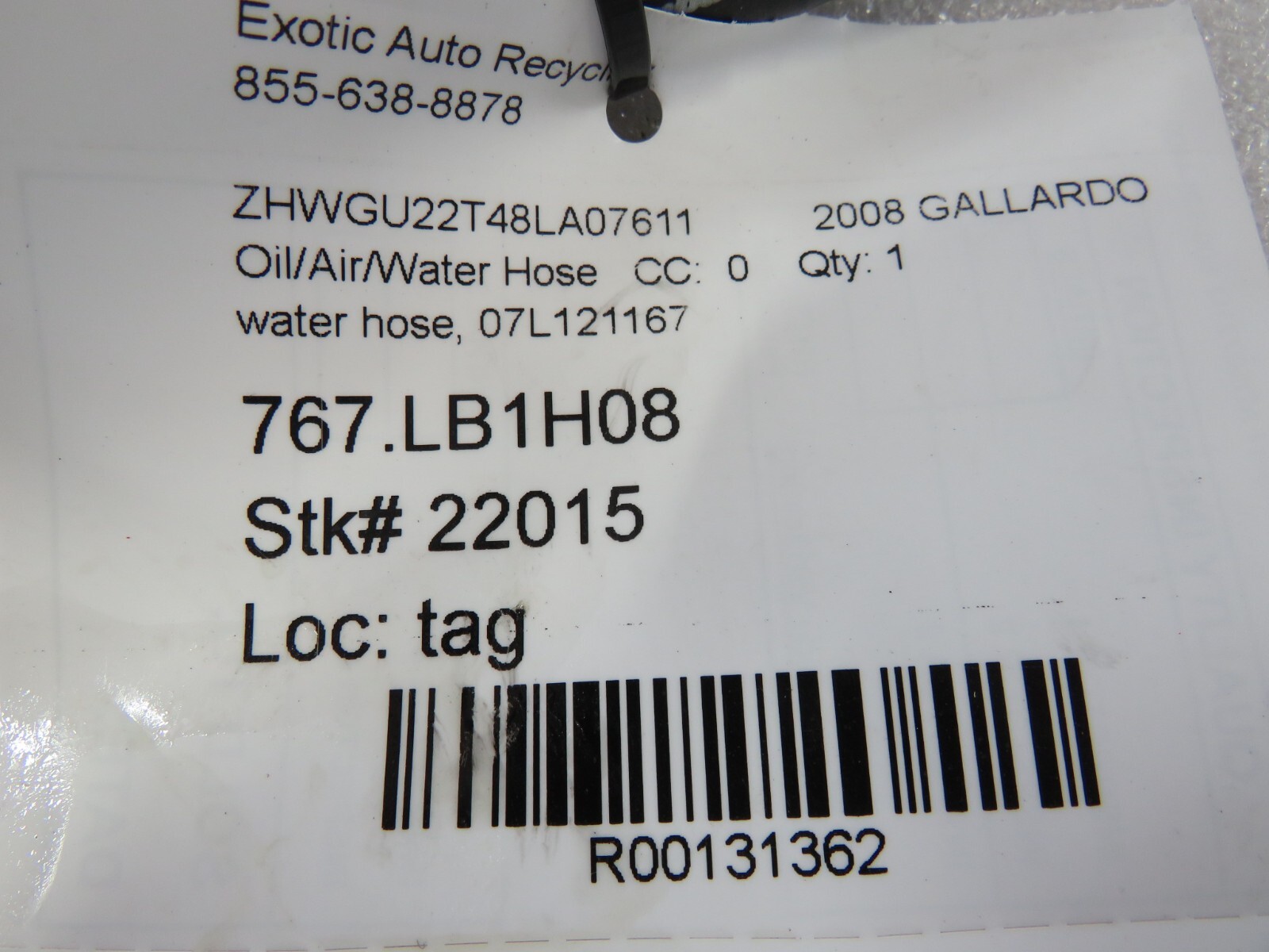 Lamborghini Gallardo, Spyder, Water Hose, Used, P/N 07L121167