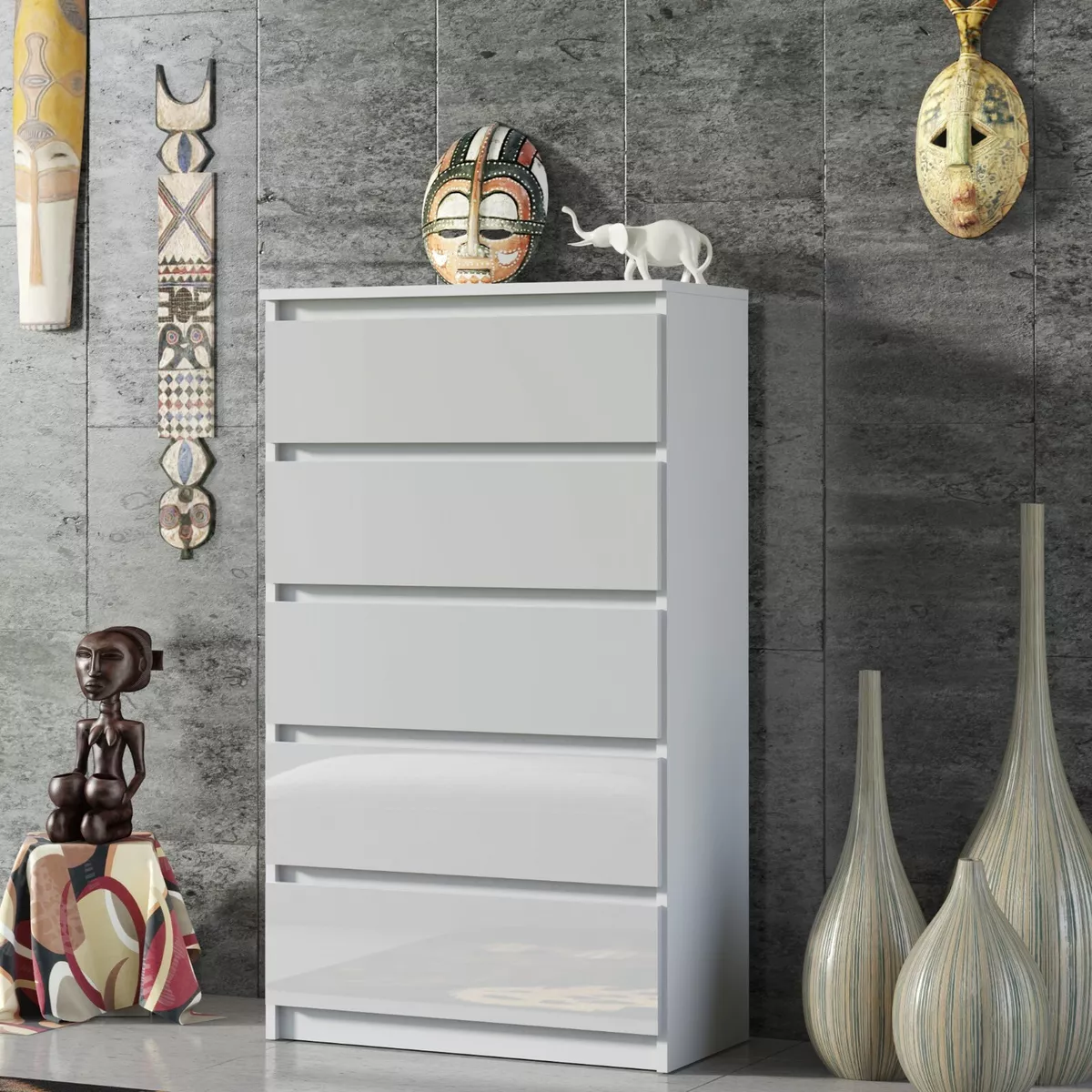 Chest of 5 Drawers Sideboard tv unit cabinet White High Gloss
