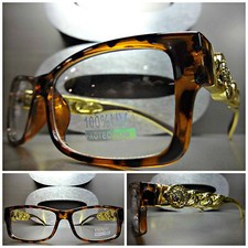 Classy Elegant Modern Hip Hop Clear Lens EYE GLASSES Tortoise  Gold Chain Frame