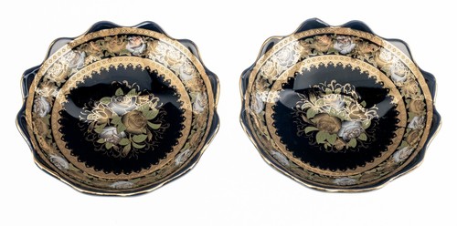 Pair of M-Z Hi-Luxe Czech Republic Kobalt 6in Footed Bowls Floral Gold Gilt Used - Picture 2 of 18