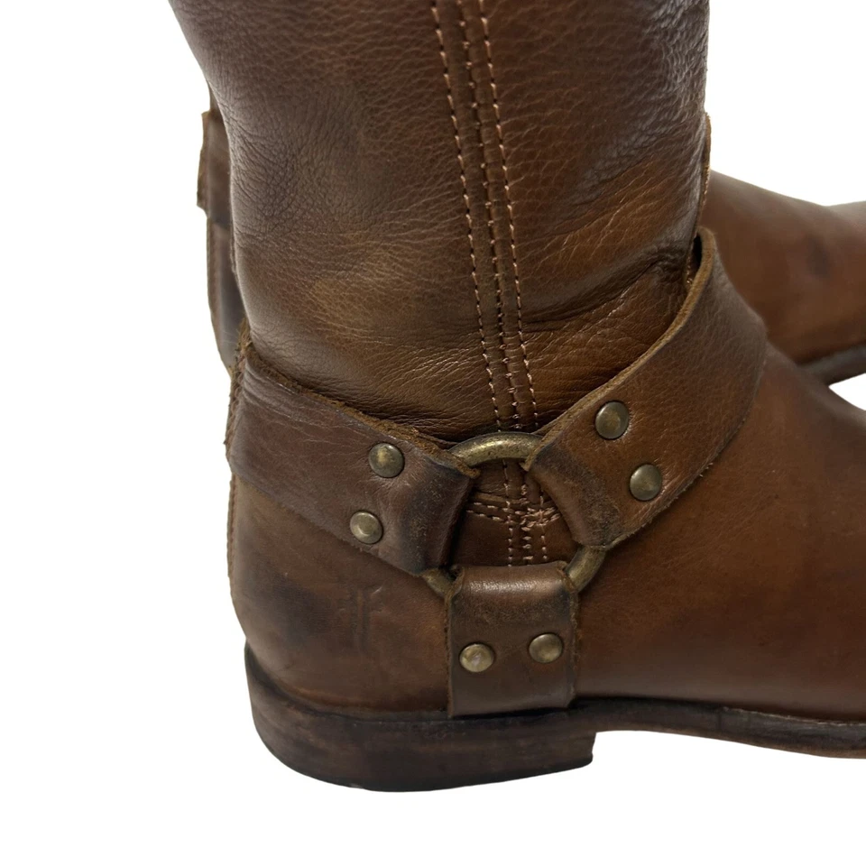 Frye Cuero Marrón ALTO Vaquero Western Cremallera Completa ALTO Motociclista ARNÉS MONTAR Botas Foto 4 de 4