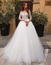 Gorgeous V Neck Long Sleeves Wedding Dresses Puffy A Line Appliques Princess