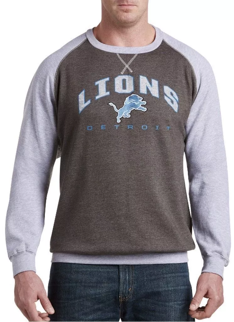 Detroit Lions NFL Mens Raglan Fleece Crew Sweatshirt Big Tall Sizes
