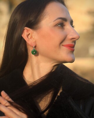 Boucles D'oreilles Dormeuses Art Déco Doré Avec Serti CZ Et Jade Vert - Modèle SA3 - Neuf