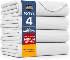 Waterproof Incontinence Bed Pads 34 X 36 Inches (Pack of 4, White), Washable and