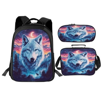 3 PCS Wolf Backpack Boys Girls Set Lunch Box Teen Kids School Bookbag Travel