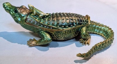 Vintage Bejeweled Alligator Trinket Box Hinged Crocodile Baby Mother Crystal Eye