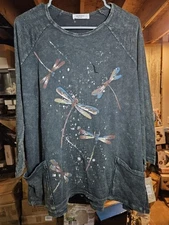 Jess & Jane Mineral Washed Patch Pocket Cotton Tunic - Fairy Duet, Forest *hole*