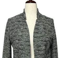 Talbots Blazer Womens 14 Black White Berkeley Tweed Open Front Career Jacket
