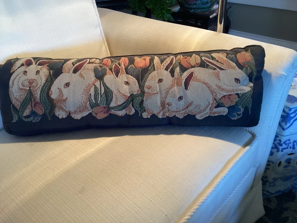Vintage Tapestry Throw Pillow Bunnies Flowers Rabbits Long Blue Cottage 27”x8” - Image 3 of 4