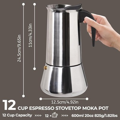 FCUS 12 CUP 600ML Stovetop Espresso Maker, Greca Coffee Maker Moka Pot, Stainless Steel Espresso Maker  Induction Compatible