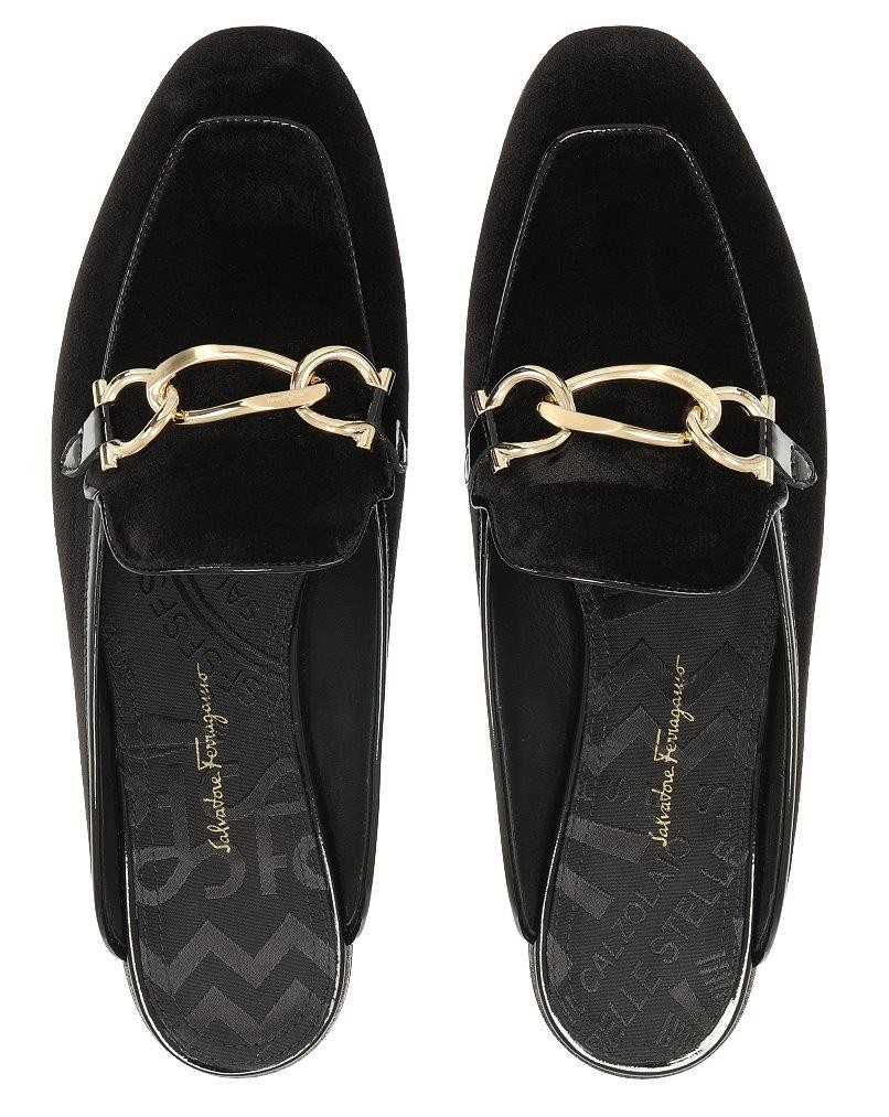 NEW SALVATORE FERRAGAMO LADIES BLACK VELVET LOGO CHAIN SLIPPER SHOES 8.5 C image 2