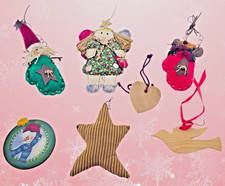 Lot 7 Rustic Country Fabric Wood Metal Christmas Ornaments