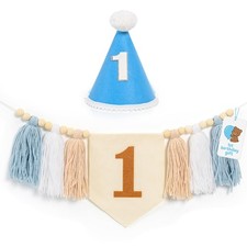 1st Birthday High Chair Banner, Handmade Boho with Wood Bead Tassel, Cone Hat...