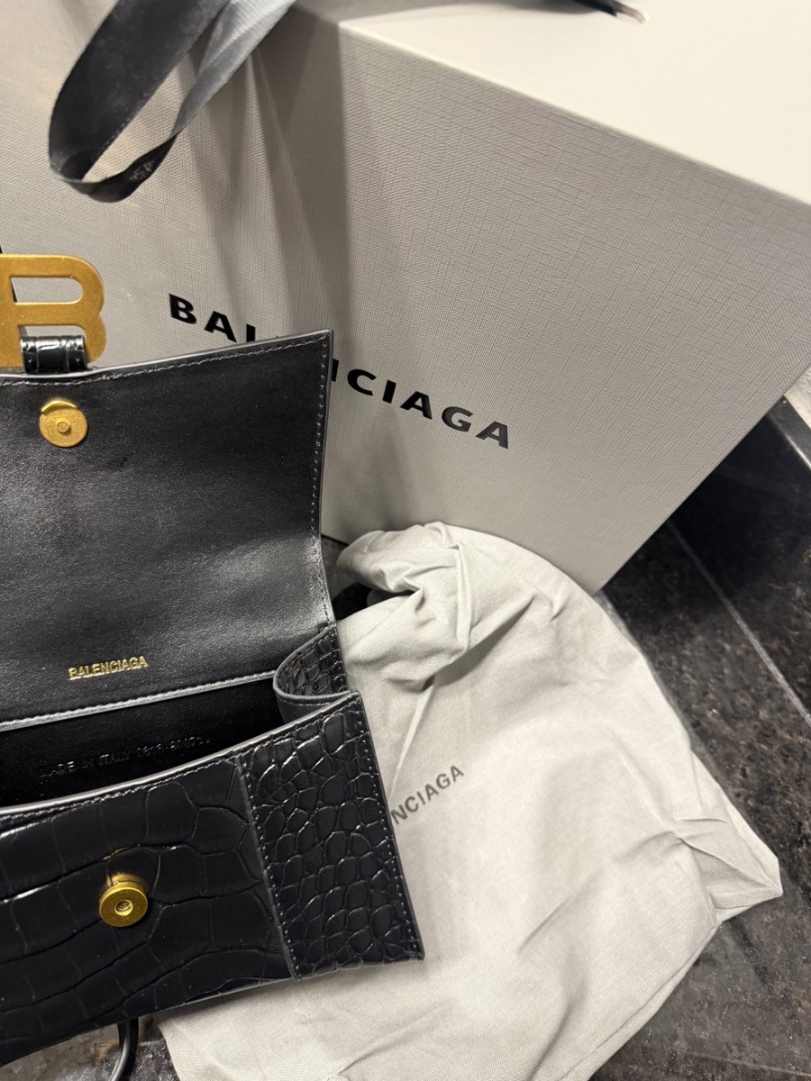 Balenciaga Black Croc Embossed Top Handle Bag w/ Gold B Logo