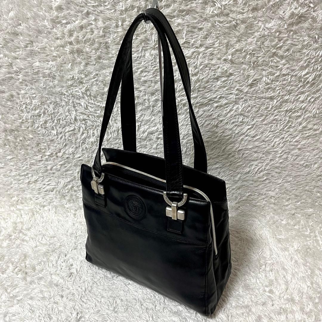 GIANNI VERSACE Leather HandBag Tote Bag Medusa Embossed Silver Hardware Black thumbnail 6