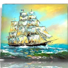 A Vtg Painted Canvas Signed Original Maritime 20th Century Ship Sea Art Y.Kinker