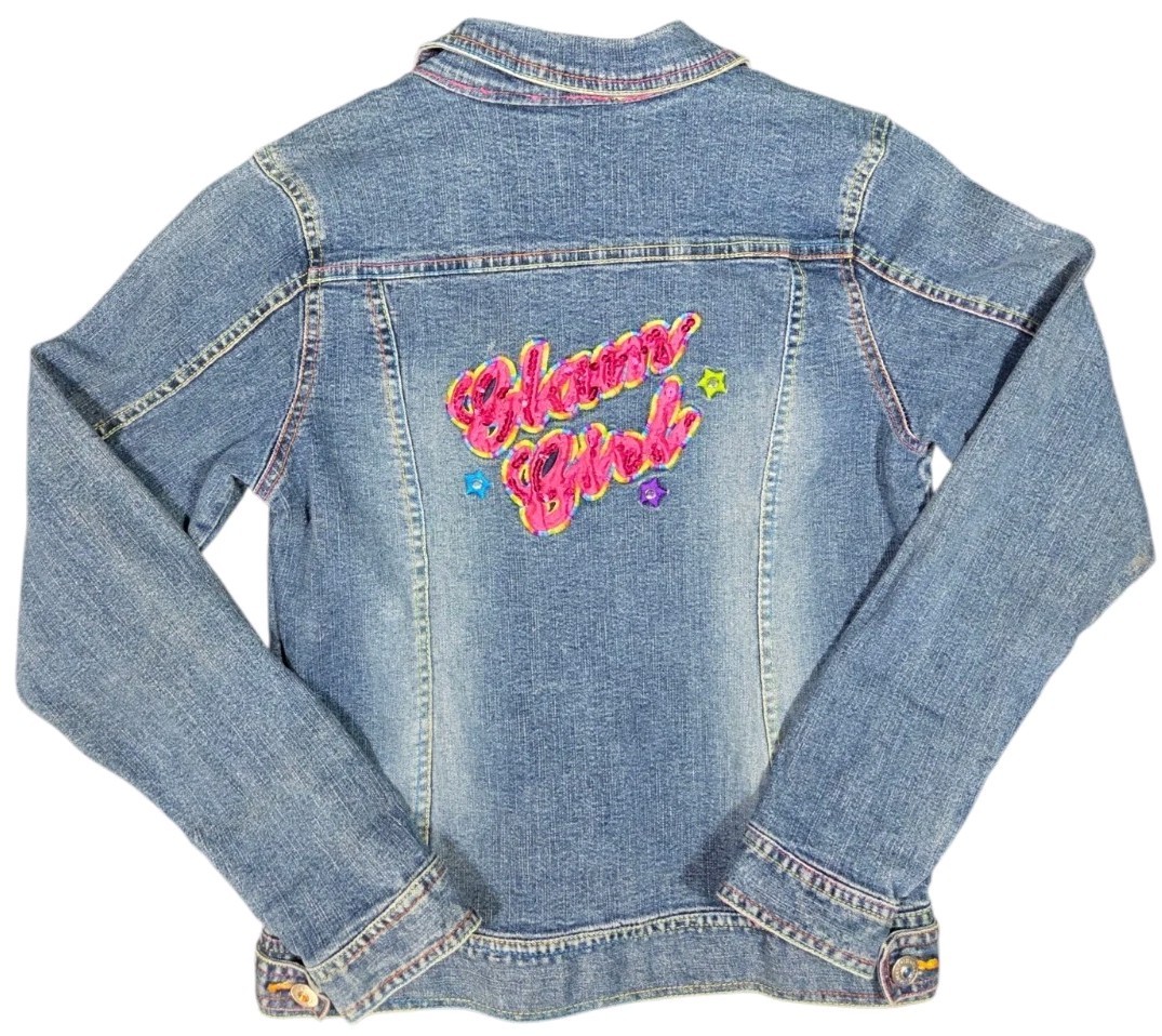 Y2K Lisa Frank Girls Denim Jacket Sz 16 Glam Girl Happy