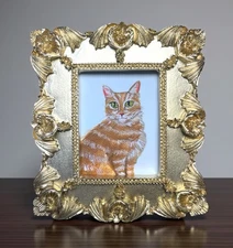 Tabby Cat 🐈 watercolor mini animal print in gold vintage style ornate frame