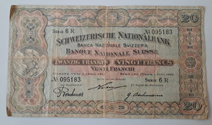 Switzerland 20 francs 1922 rarer type/script "Gesetz vom" - see other sales