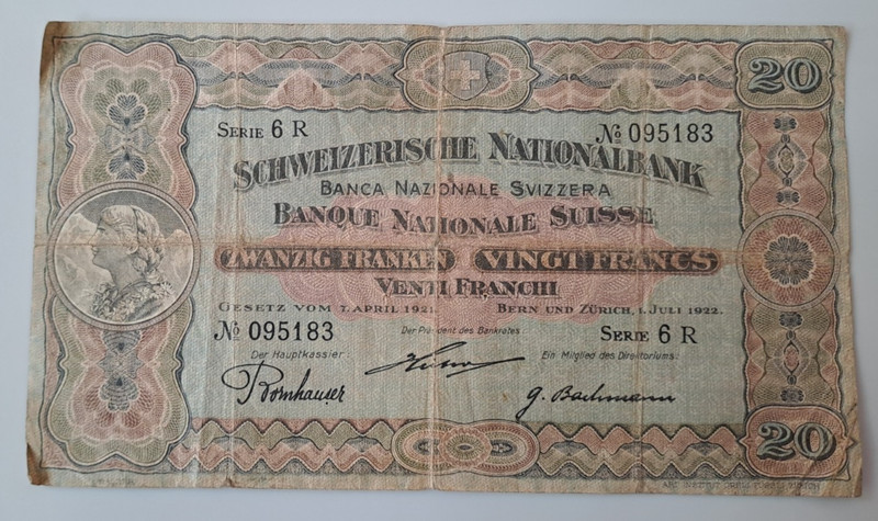 Switzerland 20 francs 1922 rarer type/script "Gesetz vom" - see other sales