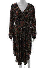 Vince Camuto Womens Floral V Neck Long Sleeve Tie Waist Maxi Dress Black Size L