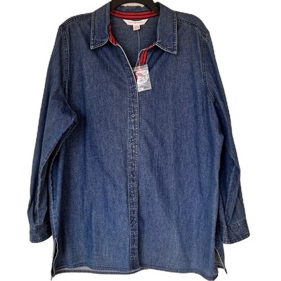 August Max Women Denim Shirt 1X Red & Blue Strip Accents Button Closure