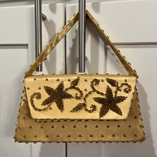 Vtg Evening Bag Clutch Ivory Satin Gold Beads Unbranded Made in Hong Kong EUC
