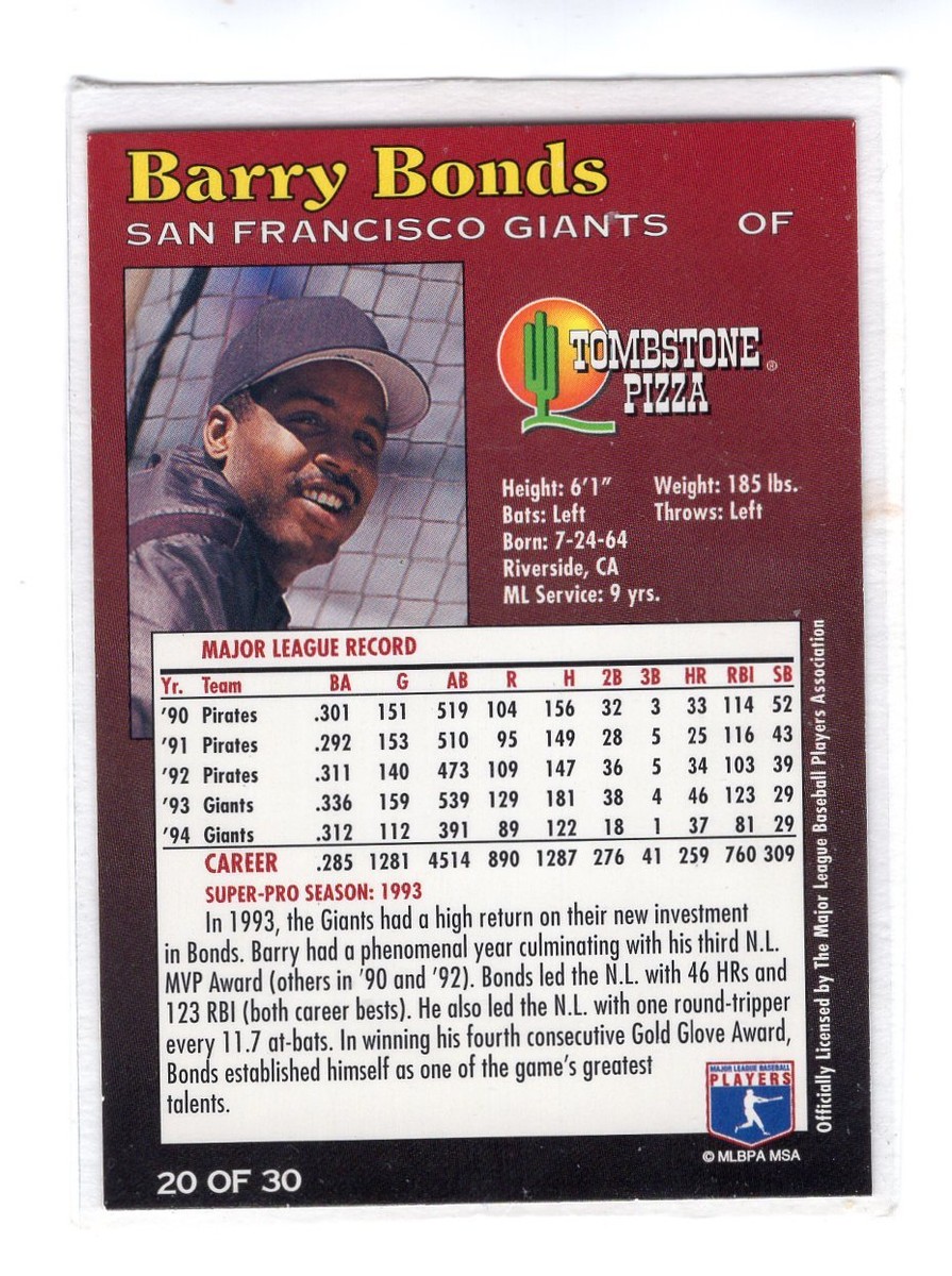1995 BARRY BONDS - Tombstone Pizza Baseball Card # 20 - San