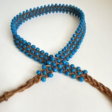 Boho Belt Blue Turquoise Beads Knotted Braided Leather Beach Hippie Hip Sash